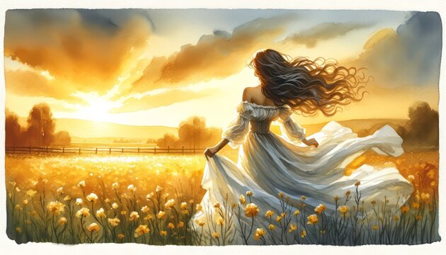 The image is an evocative depiction of a woman in a field at sunset.