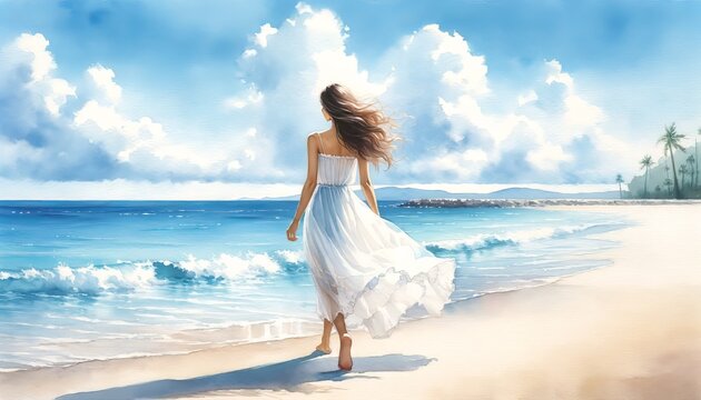 The image captures a serene beach scene with a woman walking along the shore.