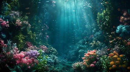 A velvety, dark cyclorama of a surreal underwater garden, inhabited by bioluminescent creatures that whisper only in the language of flickering light.  - obrazy, fototapety, plakaty