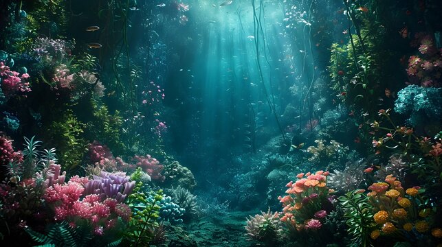 A velvety, dark cyclorama of a surreal underwater garden, inhabited by bioluminescent creatures that whisper only in the language of flickering light. 