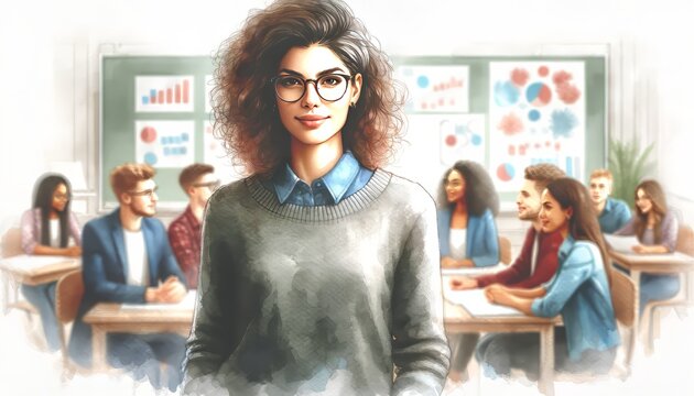 The image portrays a confident female teacher in a classroom with attentive students.