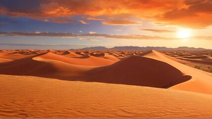 Fototapeta na wymiar As the sun dips below the horizon, the desert landscape is transformed into a breathtaking scene of fiery hues and shifting shadows. Against the backdrop of endless dunes and rugged terrain.
