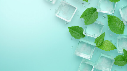 Top View of Refreshing Mint Leaves and Ice Cubes in Cool Water Drops on Pastel Blue - Summer Beverage Concept with Organic Botanicals and Vivid Abstract Nature