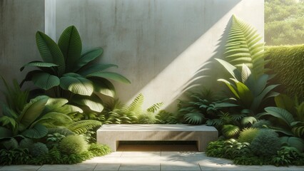 a tranquil garden corner. The scene should depict a peaceful and minimalist design
