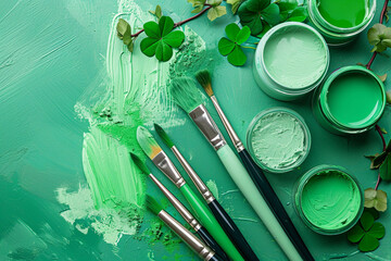 Fototapeta premium A flat lay of green paint and brushes for St. Patrick’s Day crafts, St. Patrick’s Day, Flat lay, top view, with copy space