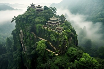 An ancient mystical temple nestled in a top of a misty mountain