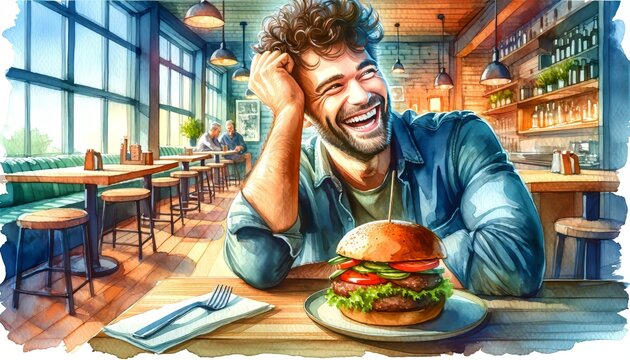 The image portrays a man laughing joyfully in a cafe with a burger in front of him.