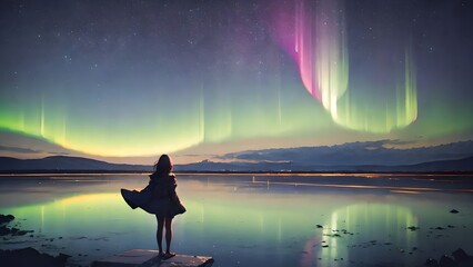 Anime girl against the background of the northern lights, anime wallpaper 