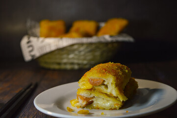 Risoles Mayonnaise or risoles mayo is breaded deep fried pastry make crunchy outside and melted mayonnaise from the inside contain sausage will always be a crowd favourite. selected focus.