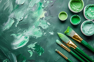 A flat lay of an artist's canvas with green paints and brushes, St. Patrick’s Day, Flat lay, top view, with copy space