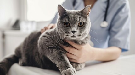 Gray Cat's Health Examined by Veterinarian