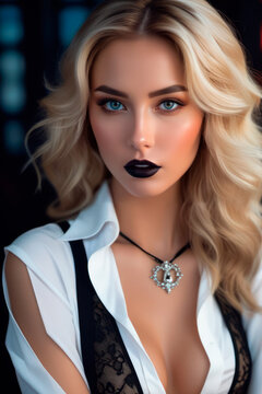 The image features a close-up shot of a woman with blonde hair and blue eyes. She is wearing black lipstick and has white and black clothing. The background is blue and black.