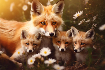 adorable red mother fox with her young ones, cozy cuddles together on a soft flower background. animal family, motherhood in animals.