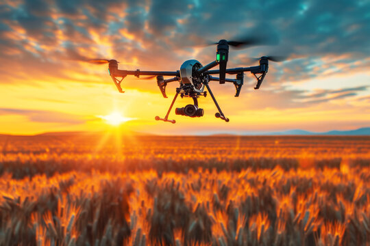 Close-up of agricultural drone flying over vast wheat field. Bright setting sun above the horizon. Using quadcopters for crop monitoring and spraying. Smart farming and precision agriculture.