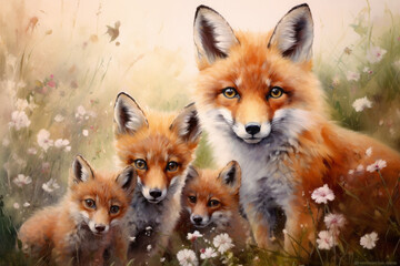 adorable red mother fox with her young ones, cozy cuddles together on a soft flower background. animal family, motherhood in animals.