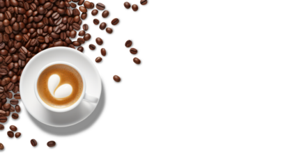 Top view of a latte art coffee cup with coffee beans scattered around, isolated on a white background.