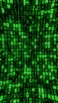Vertical video - digital code matrix background - coding letters, numbers and punctuation marks with glitch. Computer programming or hacking concept. HD looping information technology background.