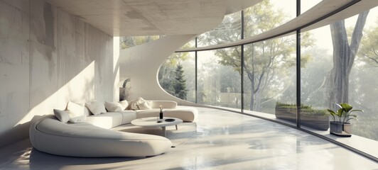 Interior of open space minimalist living room in luxurious villa. Soft natural hues, organic shapes, giant indoor plants, glass wall overlooking picturesque landscape. Contemporary interior design.