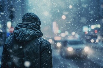 Frozen city, a lonely man walks down the street wrapped in a jacket, snowstorm, gusty wind - obrazy, fototapety, plakaty