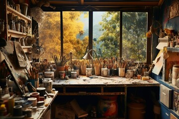 An artists studio cluttered with paints brushes