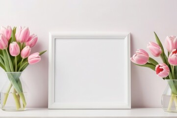 Empty photo frame mockup on wooden background with Valentine Elements flowers rose and tulips with hearts love, romance. front view empty space