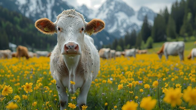 Curious young cow standing in a blooming field with mountains backdrop. serene and vibrant countryside setting. AI