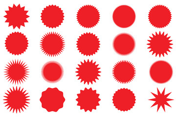 Starburst red sticker set - collection of special offer sale round and oval sunburst labels and buttons isolated on white background. Promotional sticky notes and labels.