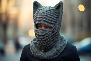 a young man in a knitted balaclava cathead. a hat, a mask with ears and an eye slit. - obrazy, fototapety, plakaty