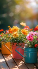 Fototapeta na wymiar colorful flower pots with watering can and gloves on wooden table on sunny garden background. banner with copy space
