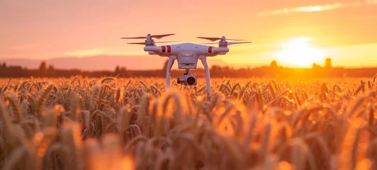 Outdoor kussens Close-up of agricultural drone flying over vast wheat field. Bright setting sun above the horizon. Using quadcopters for crop monitoring and spraying. Smart farming and precision agriculture. © Georgii