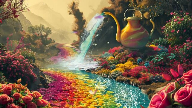 surreal landscape with a giant teapot, seamless looping video background animation