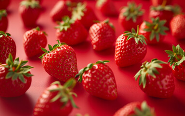 Strawberries on red background. Creative summer concept and composition with strawberry pattern.