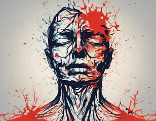 Abstract Image of a human being suffering from depression, trauma or mental disease, illustration , concept image, depressed adult, blood splash