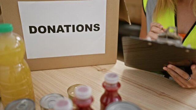 Blonde woman organizing donations in a warehouse with clipboard, beverages, and canned food in focus.
