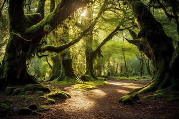 An enchanting forest beckons with towering ancient tree