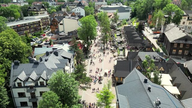 Zakopane main street underneath Tatra Mountains in Poland. Zakopane resort town. Green pine trees forest, cottages and hotels on hills. Aerial view picturesque mountain village.