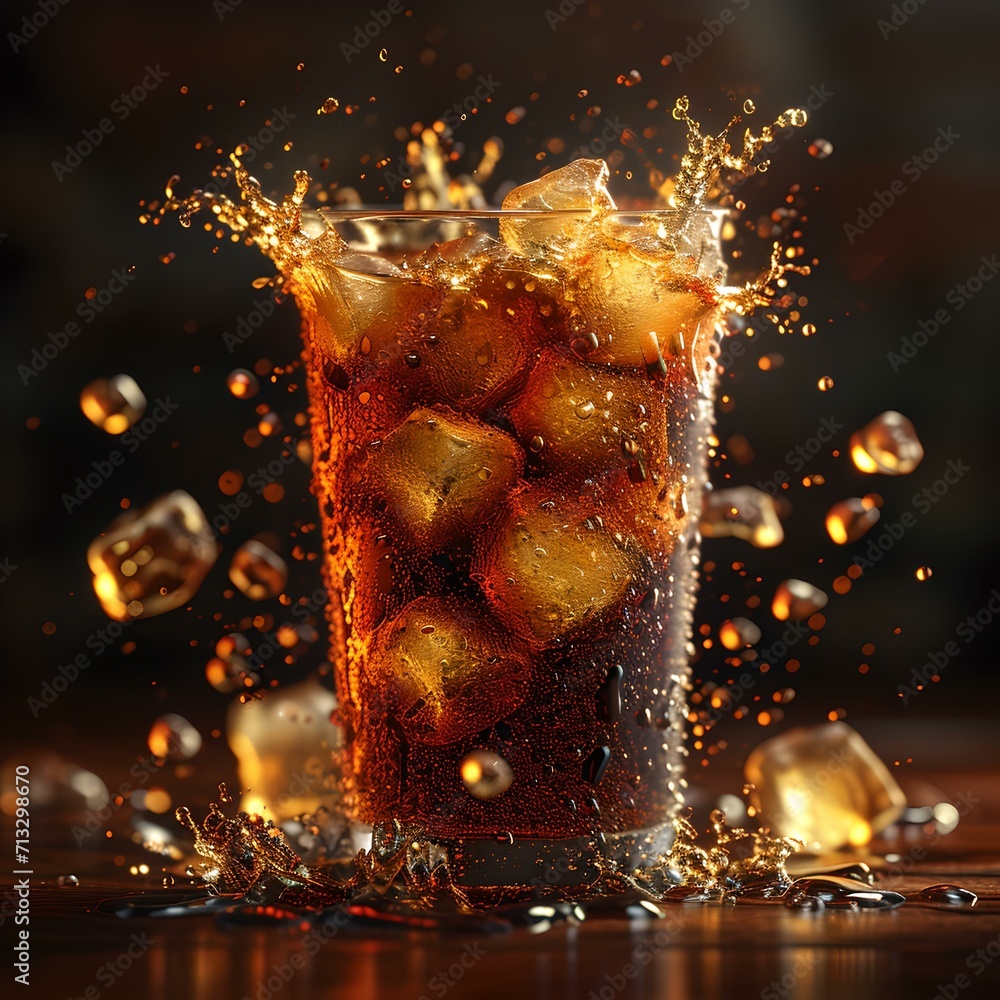 Poster refreshingly fizzy cola with ice cubes splashing in a glass. perfect for summer ads. captured in mot