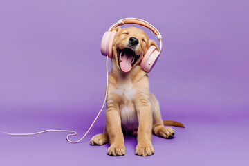 Dog in purple headphones listening to music. Happy pet. Dog wearing headphones listening to music....