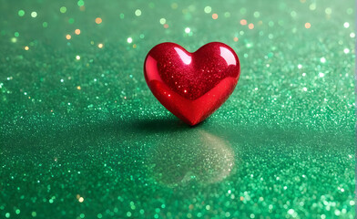 Obraz premium A small red heart on a sparkling soft green background. Generative AI