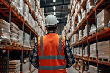 A warehouse worker, viewed from the back and clad in a white safety helmet and orange vest, standing in a big warehouse that full of shelves - obrazy, fototapety, plakaty