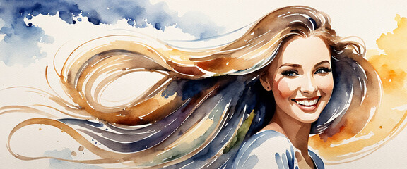 Portrait of a woman with long brown hair, isolated on a white background. Illustration in watercolor style.