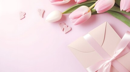 Women Day, Mother day background with envelope, gift box and beautiful spring tulip flowers on pastel pink desk. Flat lay.