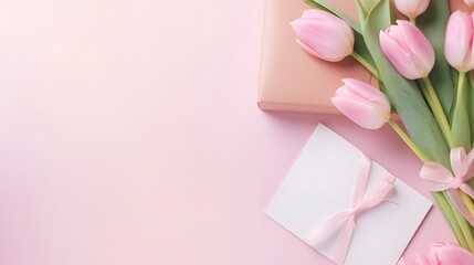 Women Day, Mother day background with envelope, gift box and beautiful spring tulip flowers on pastel pink desk. Flat lay. - obrazy, fototapety, plakaty