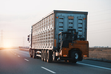 Live Stock Cargo Truck With A Forklift. Livestock Secure Transportation. Animal Carrier Special Purpose Vehicle On A Highway	 - obrazy, fototapety, plakaty