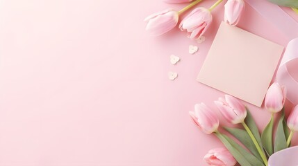 Women Day, Mother day background with envelope, gift box and beautiful spring tulip flowers on pastel pink desk. Flat lay. - obrazy, fototapety, plakaty