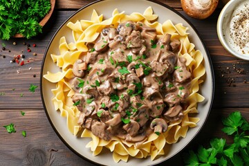 Beef Stroganoff made of beef fillet strips, sliced mushrooms, wide egg noodles, flour, beef broth, tomato paste, sour cream, Dijon mustard, Fresh parsley for garnish, top down view, clean background