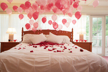 Romantic Bedroom Adorned with Balloons and Rose Petals