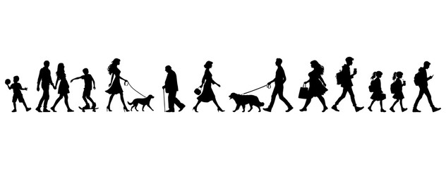 Vector illustration. a large set of silhouettes of different people walking down the street. In move. - obrazy, fototapety, plakaty