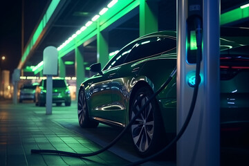 Car charging at electric car charging station at night. Neon lights