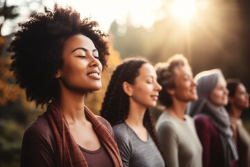 Fototapeta premium Group of multiethnic women stretching arms outdoor doing yoga